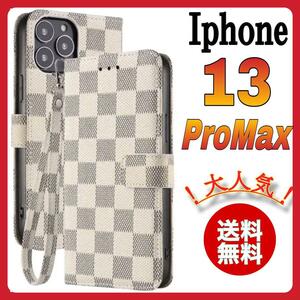 手帳型 iPhone 13ProMaxケース　白ホワイト チェック PUレザー