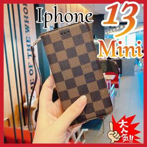 iPhone13MINI кейс блокнот type чай цвет в клетку PU кожа ощущение роскоши очень популярный простой I ho n13 Mini покрытие Brown 