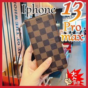 iPhone13PROMAX ケース手帳型　茶色　チェック柄 PUレザー