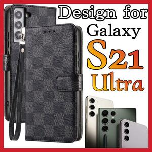 Samsung Galaxy S21ultraケース 手帳型 黒色　PUレザー チェック柄　大人気　サムスンギャラクシーS21ウルトラカバー　ブラック