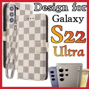 SamSung Galaxy S22Ultraケース 手帳型 白色　PUレザー チェック柄　高級感　大人気　サムスンギャラクシーS22ウルトラカバー ホワイト