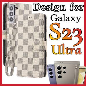 Galaxy S23Ultraケース 手帳型 白色　PUレザー チェック柄　大人気　サムスンギャラクシーS23ウルトラカバー