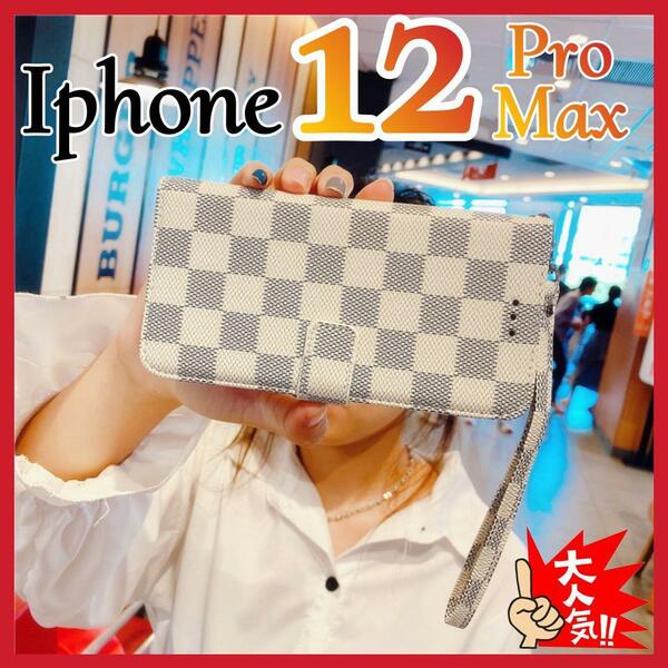 iPhone12ProMaxケース　手帳型　白色　チェック柄 PUレザー　高級感　大人気　アイホン12プロマックスカバー　ホワイト　スピード発送