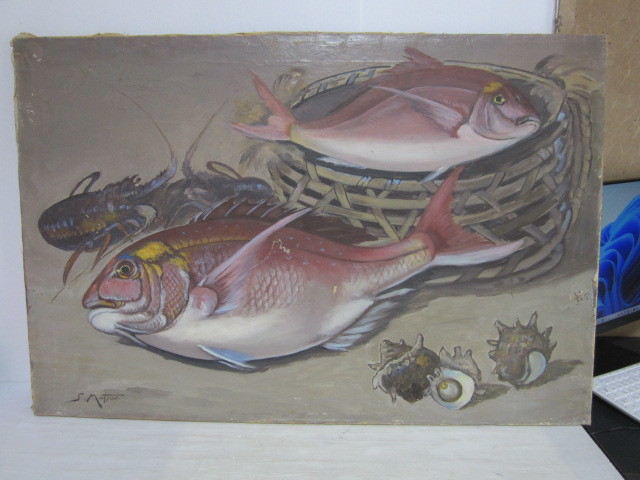 세부사항 미상 서명된 생선 새우 조개 해산물 캠퍼스, 그림, 오일 페인팅, 정물화