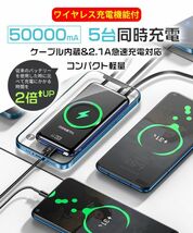 【超超超特価】大容量50000mAh モバイルバッテリー　ワイヤレス充電器 4種ケーブル内蔵 無線と有線 　LEDライト搭載　カラー：ホワイト_画像3