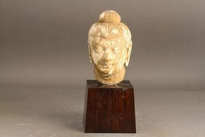 【古】034 石灰岩彫仏頭置物　唐物　中国　石窟　仏教美術 仏像 
