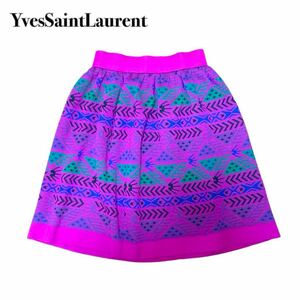 YvesSaintLaurent イヴサンロローラン スカート ウール総柄 ピンク ウエストゴム 9号M