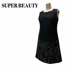 SUPER BEAUTY スーパービューティー ノースリーブワンピース 黒ブラック ビジュー スパンコール 切り替え 40 ドレス