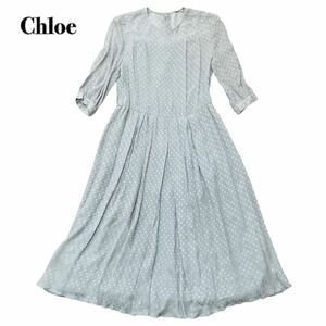 Chloe クロエ プリーツワンピース シルク100% グレー シルバー フレア 総柄 42 XL 大きいサイズ