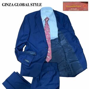 GINZA GLOBAL STYLE 銀座グローバルスタイル ゼニア生地 XL ストライプ 青ブルー L相当セットアップ スーツ 1スタ (1円スタート)