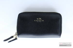 良品★R38 COACH コーチ F63921 ブラック コインケース クロスグレイン レザー 小銭入れ 約7.5×12×2.5cm ラウンドファスナー 正規品