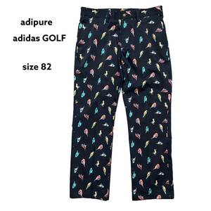 新品同様 adidas GOLF adipure アディピュア アディダス ゴルフ 鳥 バード 総柄 ストレッチ パンツ 黒 ブラック メンズ ウェア サイズ 82