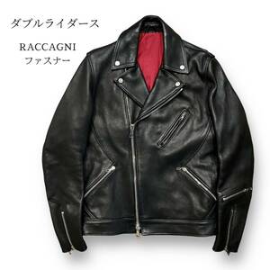 ダブル ライダース レザー 本革 ジャケット 黒 ブラック 裏地 ワインレッド RACCAGNI ジップ ファスナー ダブルジップ M相当