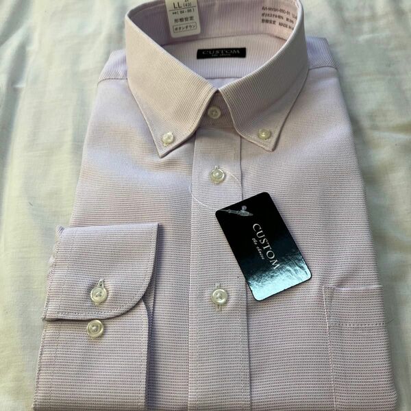 ドレスシャツ、ボタンダウン、ピンクと白の織、長袖、LL43-86、形態安定