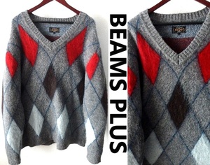 美品/定価 25,300円/BEAMS PLUS:ビームス プラス/アーガイル柄 モヘア Vネックニット/セーター/グレー/XLsize/カーディガン/BEAMS+