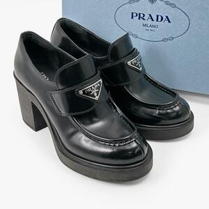 美品◎プラダ PRADA ハイヒールローファー ブラッシュドレザー 三角ロゴ モノリス トライアングル 黒 ブラック チョコレート 革靴 厚底