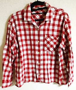 Mサイズ位 BuKKy-AKi 長袖 開襟 シャツ チェック柄 赤×白