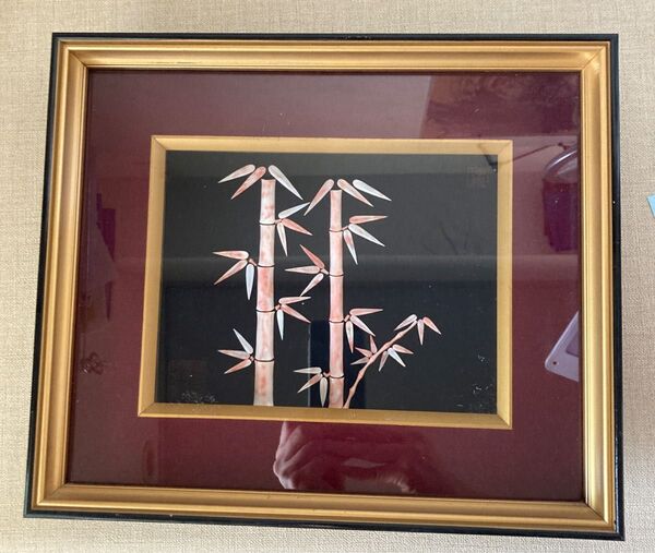本珊瑚 竹彫刻 額装 ストーンアート 絵画
