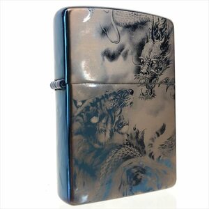 ZIPPO ジッポ 2003年製 ブルーチタン チタンコーティング レザー彫刻 龍虎 オイルライター　MU632024010912