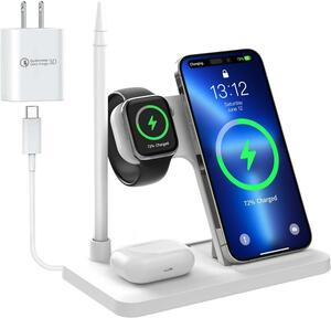 ワイヤレス充電器 4in1 急速充電 最大15W 折りたたみ式 角度調節可 Airpods Apple Watch Apple Pencil iPhone