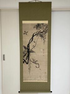 【真作】美術館級作特別出品　江戸後期画家　円山派の祖　円山応挙(仙選銘)肉筆・墨画・紙本　藤に雀図掛軸　