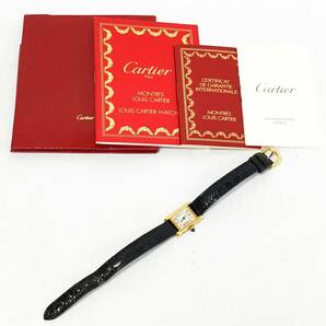 動作品 Cartier 腕時計 ミニタンク 1360 クォーツ 18K 18金 イエローゴールド 白文字盤 2針 黒ベルト レディース カルティエ の画像1