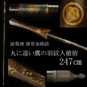 【LIG】時代 総梨地 唐草金蒔絵 丸に違い鷹の羽紋入槍拵 247㎝ 外装 石突 時代武具 旧家蔵出品 [.WI]24.1