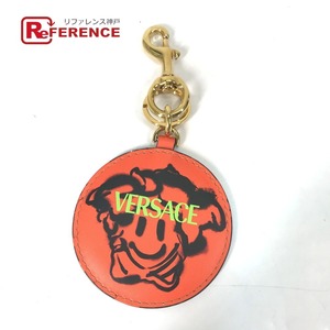 未使用 VERSACE ヴェルサーチ ロゴ ラウンド バッグチャーム キーホルダー オレンジ レディース【中古】