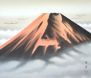 Art hand Auction 近代芸術 アート *絹本彩色 風景画 日本画 *作品名 不明 赤富士(富嶽) 富士山 *作者 渡辺桂華 銘 在銘*大型作品高級額装品, 絵画, 日本画, その他