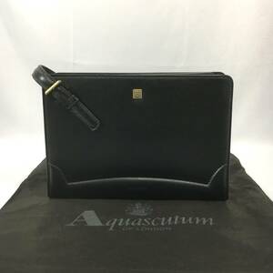 【美品】アクアスキュータム セカンドバッグ レザー ブラック 内側クラブチェック クラッチバッグ Aquascutum マルエム 松崎製