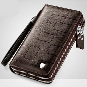  clutch back second bag men's long wallet double round fastener type high capacity free shipping multifunction with strap . Brown 38