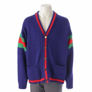 【グッチ】Gucci　メンズ 100周年記念 シェリーライン ウール カーディガン 676389 ブルー XL 【中古】【正規品保証】199644