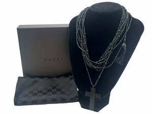 極美品 GUCCI グッチ ウッド クロス 十字架 ロザリオ ロングネックレス レディース ブラック アクセサリー ブランド ファッション 黒