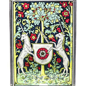 二匹のユニコーンと紋章 ヴィンテージ ステンドグラス 初期作品 中世 シンボル ユリ グラスマスターズ社 ティファニー スタジオ トロントの画像1