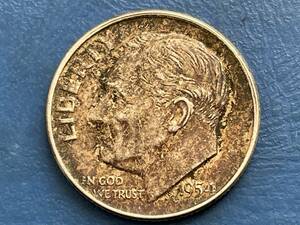 ☆送料無料【アメリカ銀貨：1954年1ＤＩＭＥ（10セント）、ルーズベルト、カタログ値（2.5ｇ、silver900）】銀貨　J020☆