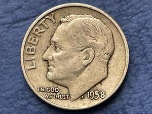 ☆送料無料【アメリカ銀貨：1958年（D）1ＤＩＭＥ（10セント）、ルーズベルト、カタログ値（2.5ｇ、silver900）】銀貨　