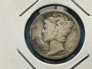 ☆外国銀貨【アメリカ銀貨：1927年1ＤＩＭＥ（10セント）、マーキュリー、カタログ値（2.5ｇ、silver900）】銀貨　J080☆