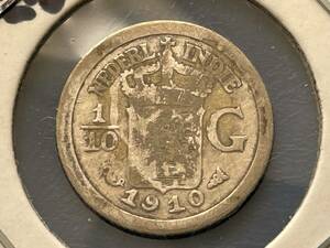 ☆外国銀貨【蘭領東インド銀貨：1910年1/10グルデン銀貨、カタログ値（1.25ｇ、silver720）】銀貨　J108☆