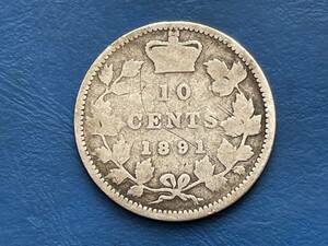 ☆外国銀貨【カナダ銀貨：1891年10セント銀貨、ビクトリア女王、カタログ値（2.32ｇ、silver925）】銀貨　J113☆