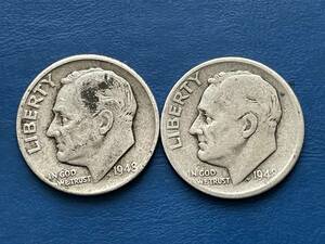 ☆外国銀貨【アメリカ1ＤＩＭＥ（10セント）銀貨2枚：1948/1948（S）年、ルーズベルト、カタログ値（2.5ｇ、silver900）】銀貨　J130☆