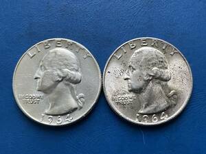 ☆【アメリカ銀貨2枚：1964/1964(D)年25セント（クウォーターダラー）、ワシントン、カタログ値（6.25ｇ、silver900）】銀貨　J134☆