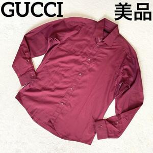 R-707 美品 GUCCI グッチ カッターシャツ 長袖 Lサイズ メンズ ボルドー レッド 赤 コットン 綿100% 