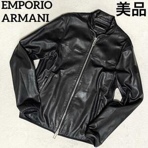 R-739 美品 EMPORIO ARMANI エンポリオアルマーニ レザージャケット ライダース メンズ Sサイズ 黒 ブラック ワッペン 現行タグ シングル