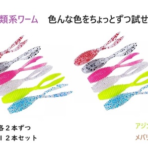 色んな色をちょっとずつ試せる！ Vフライ風 アジング ワーム 12個セット ソフトルアー メバリング 甲殻類 アミ エビ 根魚 ロックフィッシュの画像1