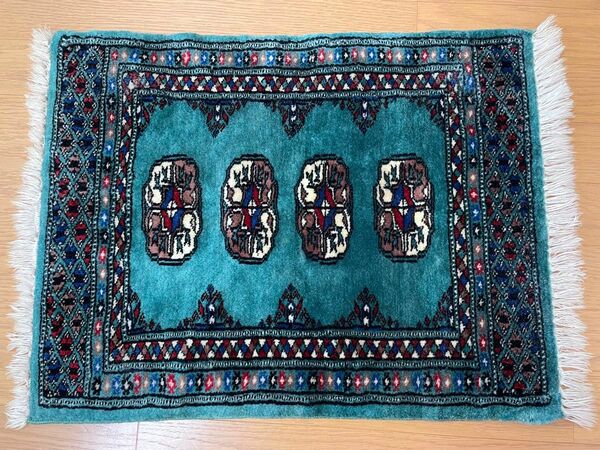 パキスタン手織り絨毯　マット　ブルーグリーン系　ウール