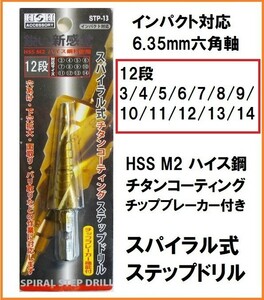 H&H HSS M2 ハイス鋼 チタンコーティング スパイラルステップドリル STP-13 (3/4/5/6/7/8/9/10/11/12/13/14mm) 6.35mm六角軸 インパクト