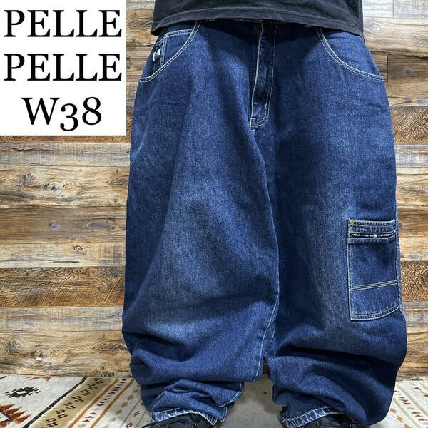 PELLE PELLE ペレペレ バギーデニム ジーンズ ストリート バギーデニム バギーパンツ Gパン ジーパン w38 刺繍 古着 極太 y2k b系 メンズ