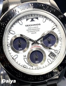 新品 TECHNOS テクノス 腕時計 正規品 アナログ ソーラー クロノグラフ ステンレス 10気圧防水 カレンダー ビジネス ホワイト プレゼント