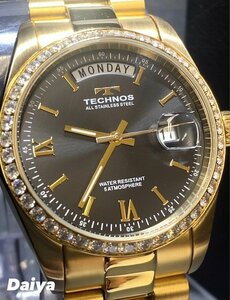 新品 腕時計 正規品 TECHNOS テクノス クオーツ アナログ腕時計 防水 カレンダー ステンレス ゴールド ブラック シンプル 3針 プレゼント