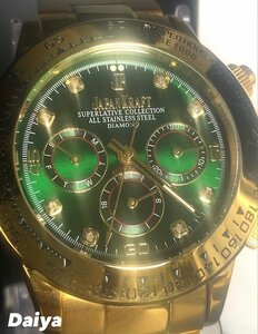 8石天然ダイヤモンド付き 新品 JAPAN KRAFT ジャパンクラフト 腕時計 正規品 クロノグラフ 自動巻き オートマティック ゴールド グリーン